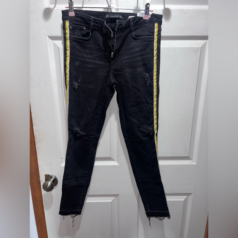 Zara Black Skinny Jeans with Yellow Stripes